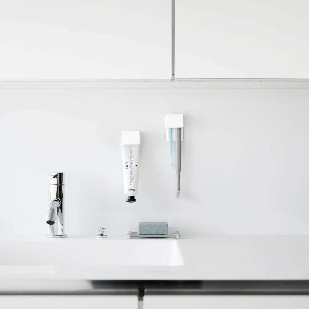 Yamazaki - Toothbrush and tube holder set of 2 - with adhesive hook black or white