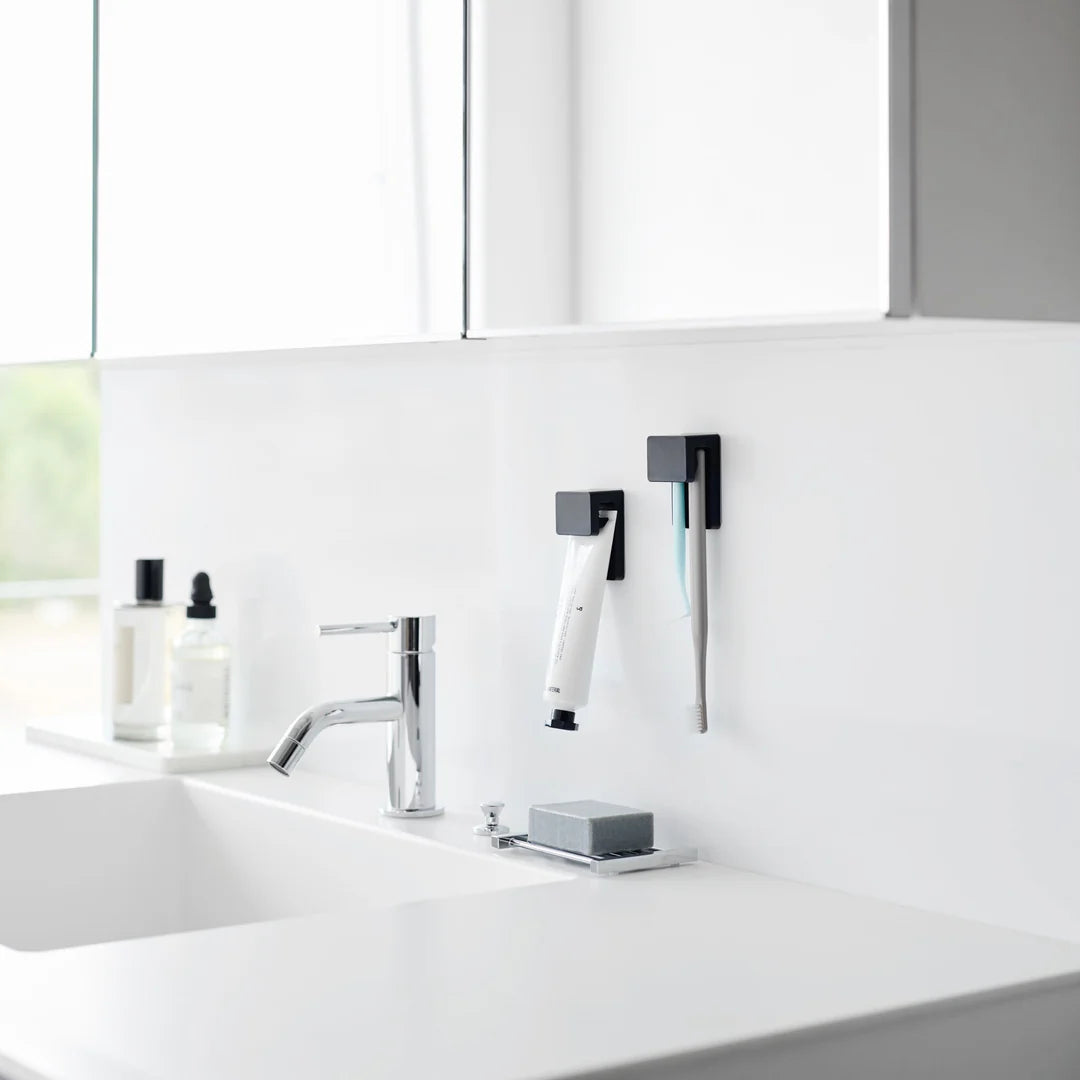 Yamazaki - Toothbrush and tube holder set of 2 - with adhesive hook black or white