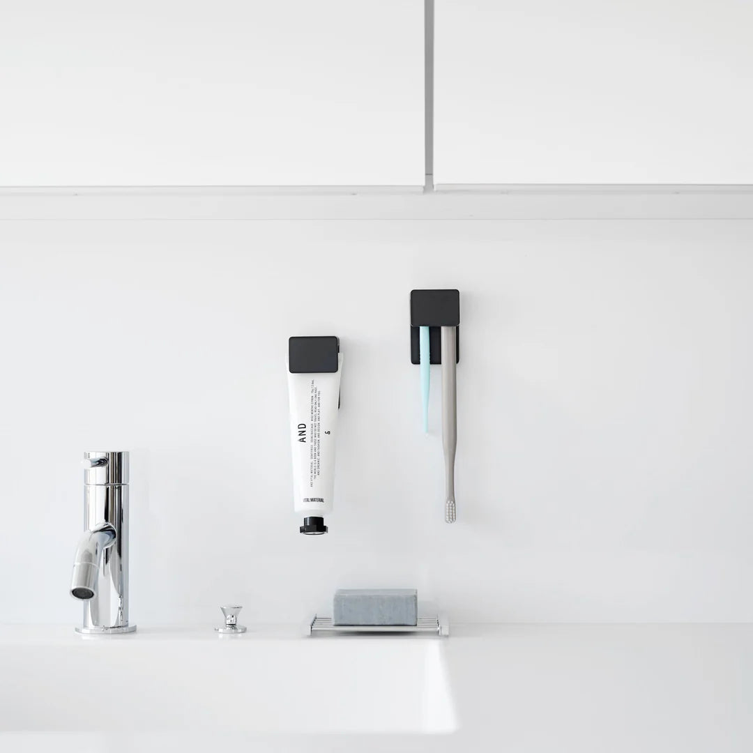 Yamazaki - Toothbrush and tube holder set of 2 - with adhesive hook black or white