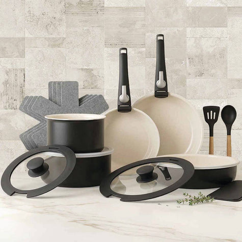 Gotham Steel 18-piece cookware set with removable handles in 3 colors
