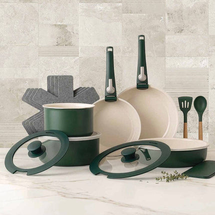 Gotham Steel 18-piece cookware set with removable handles in 3 colors