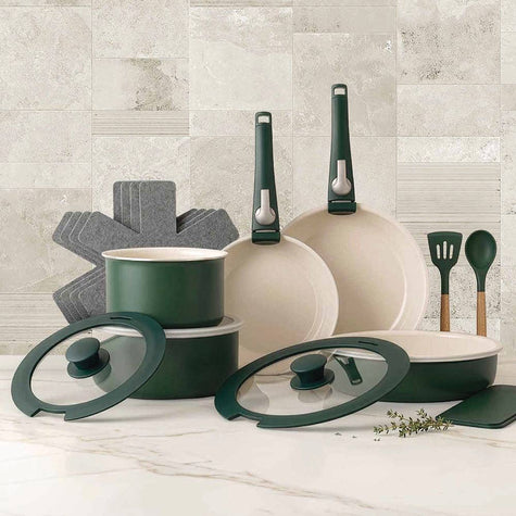 Gotham Steel 18-piece cookware set with removable handles in 3 colors