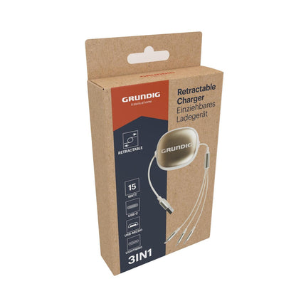 GRUNDIG Retractable Charger 3-in-1 - één kabel voor al je apparaten onderweg