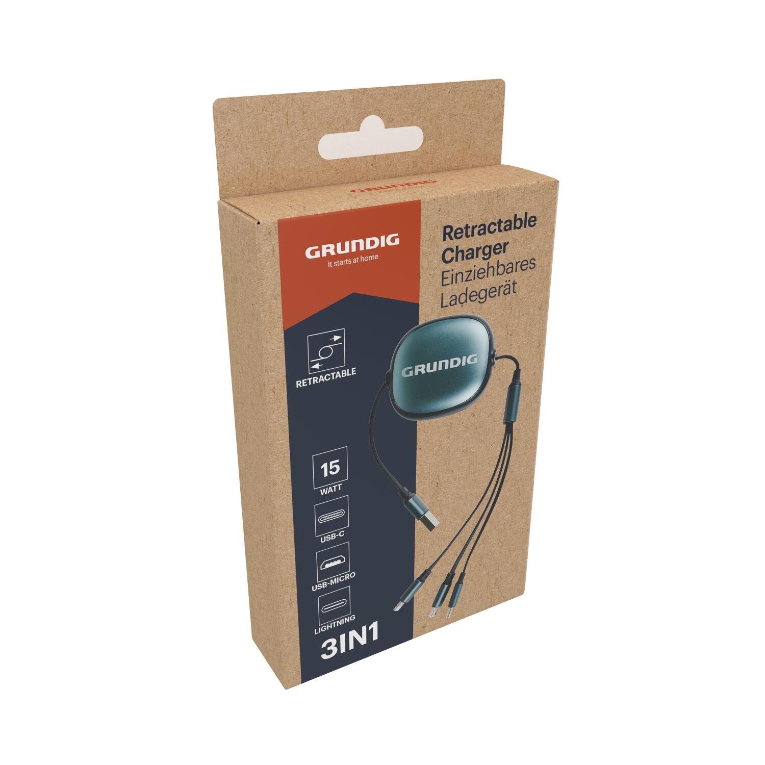 GRUNDIG Retractable Charger 3-in-1 - één kabel voor al je apparaten onderweg