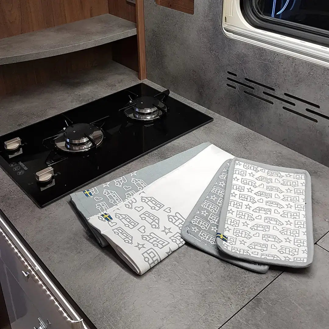 Tea towel - kitchen towel camper or caravan print - white/gray - set of 2 pieces - Pufz