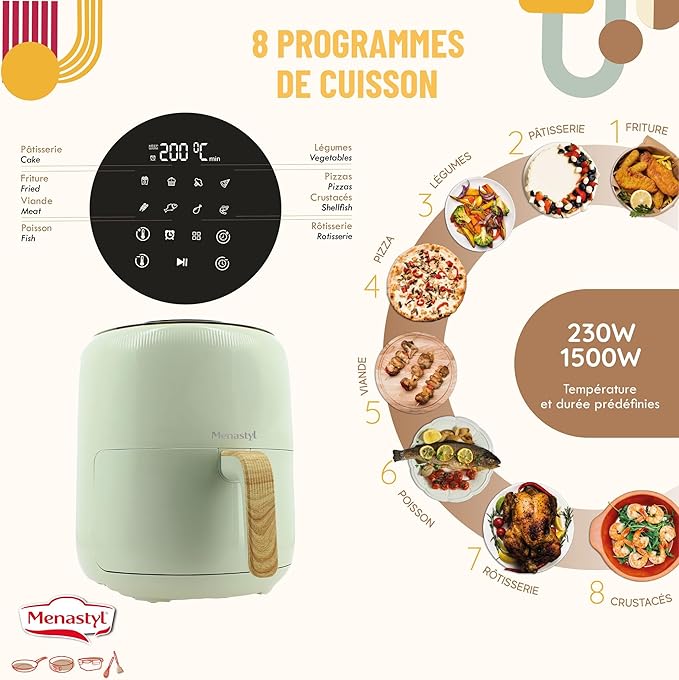 Menastyl airfryer 4,5 l  met handgreep in houtlook - verschillende kleuren