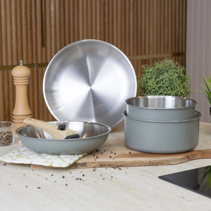 Menastyl - 5 delige pannenset met afneembare handgreep - roestvrij staal - zacht groen