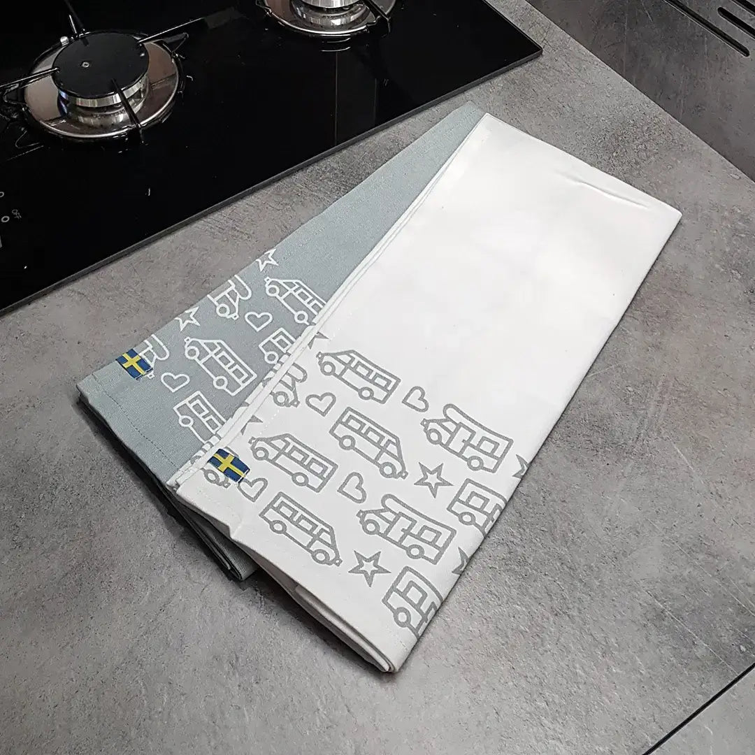 Tea towel - kitchen towel camper or caravan print - white/gray - set of 2 pieces - Pufz