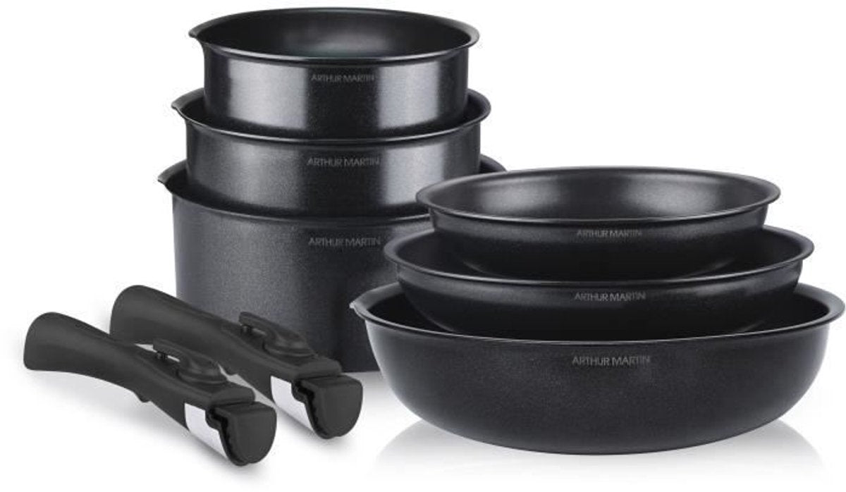 8-piece pan set black with detachable handle - Arthur Martin