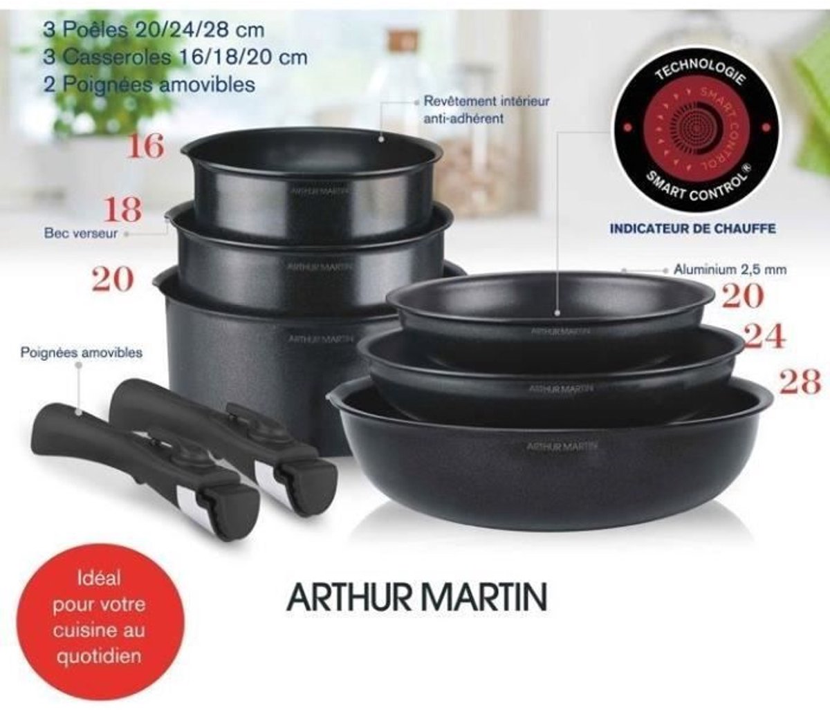 8-piece pan set black with detachable handle - Arthur Martin