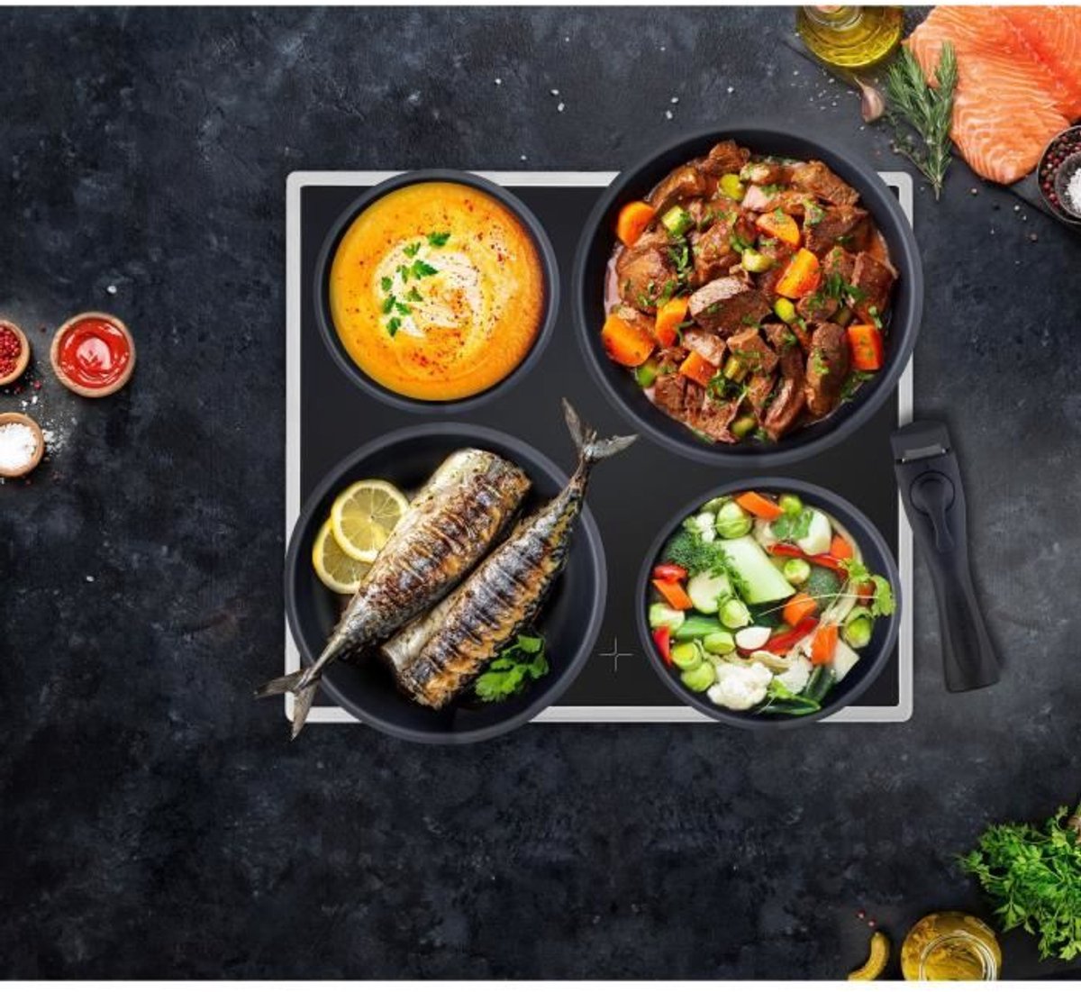 8-piece pan set black with detachable handle - Arthur Martin