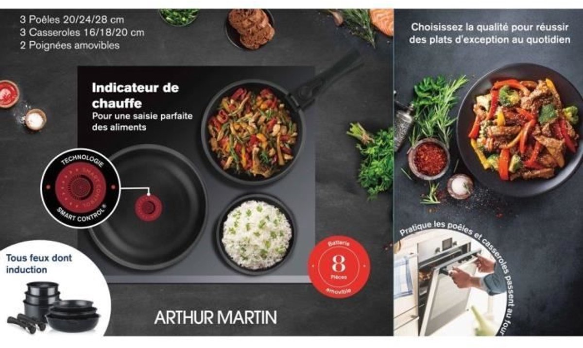 8-piece pan set black with detachable handle - Arthur Martin
