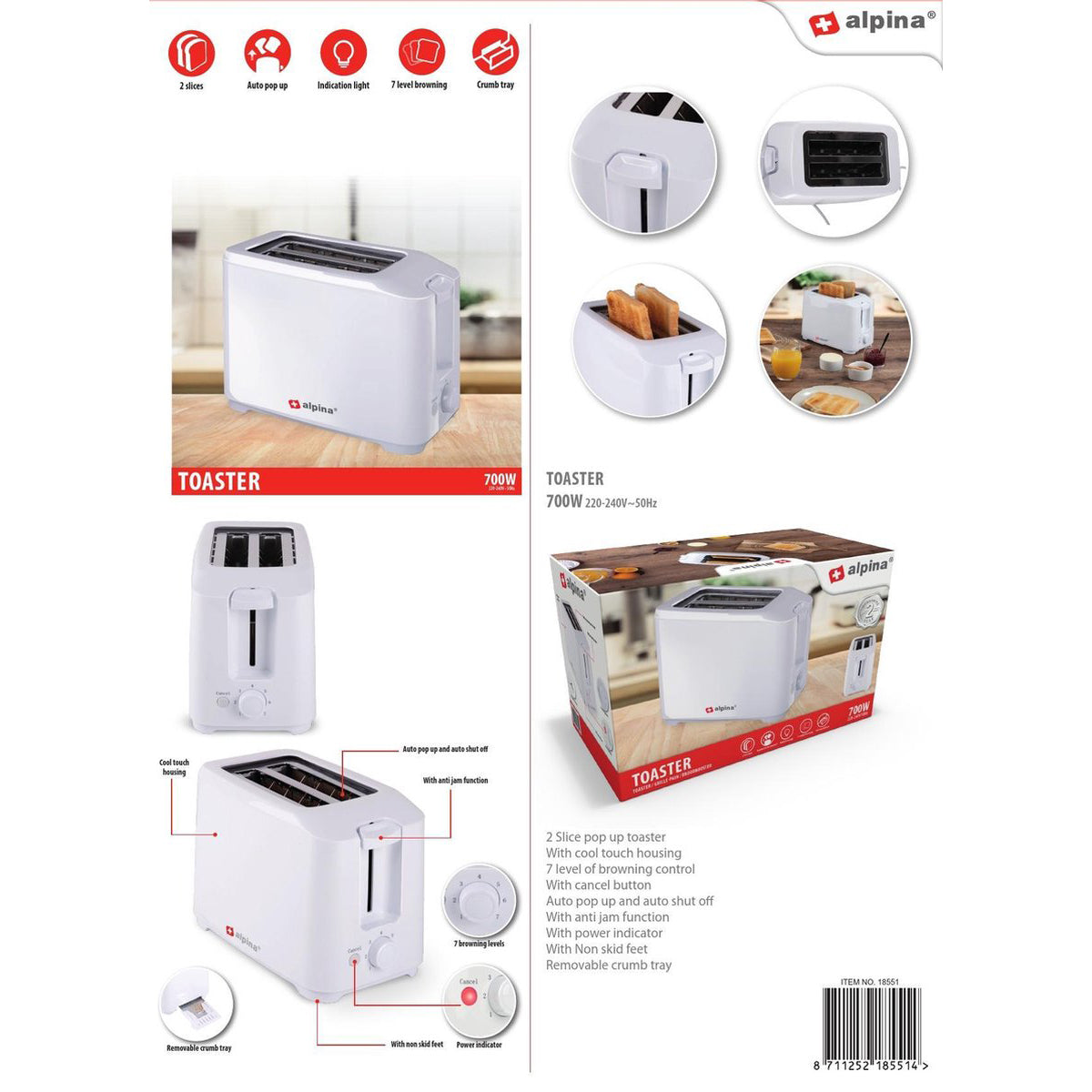 Toaster for 2 slices 700W - Alpina