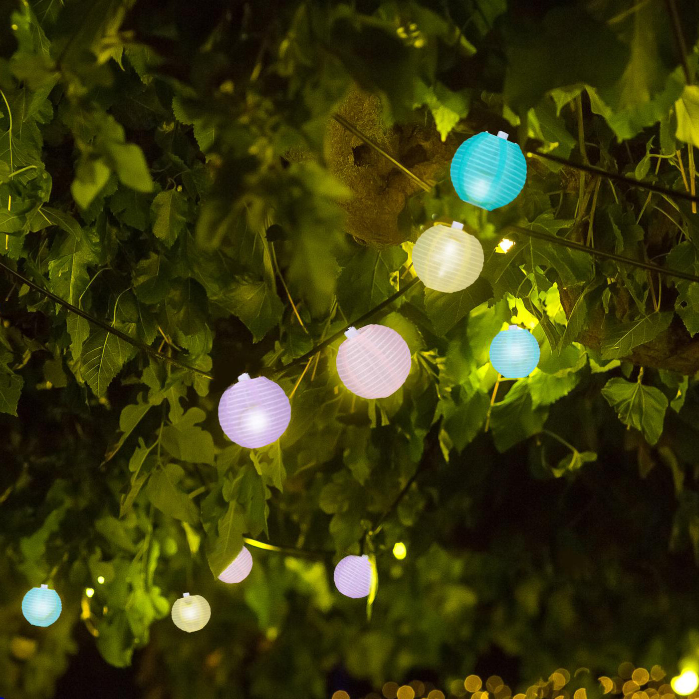 hangende led lampions op zonne-energie in een boom 