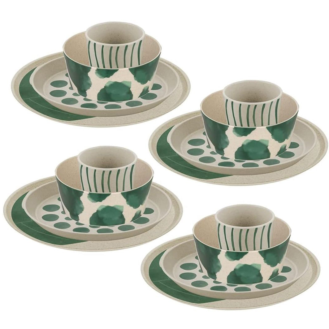 Bio servies Connect van Koziol vier keer diner bord-dessert bord-bowl-en beker in Monstera print