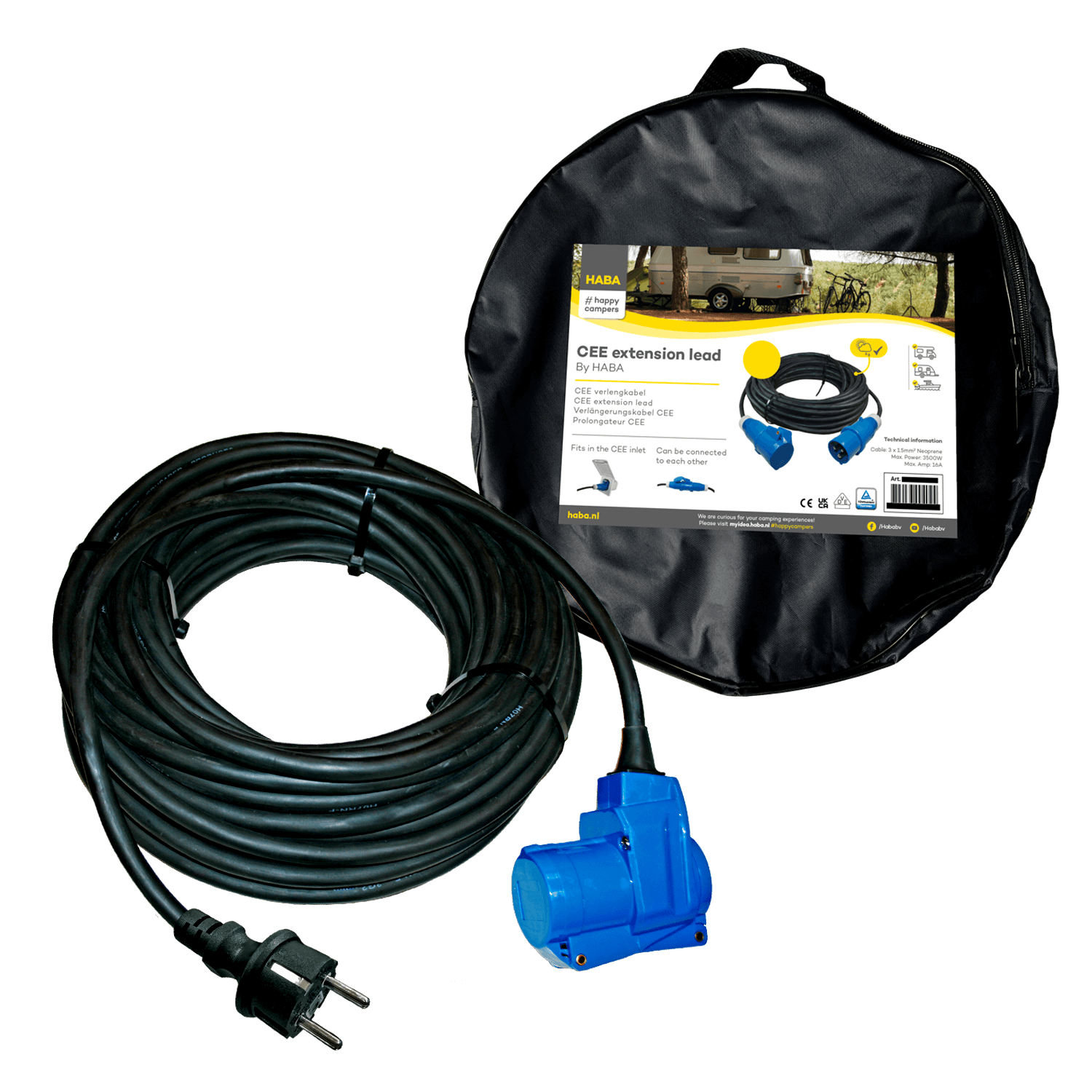 25-meter neoprene extension cord, 3x 2.5mm² - Schuko/CEE plug and right-angle connector - in a bag - Haba