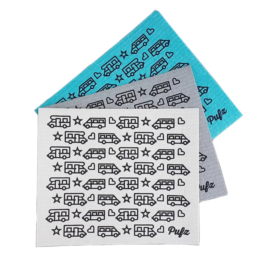 Dishcloth camper pattern white/gray - environmentally friendly - washable - highly absorbent - Pufz