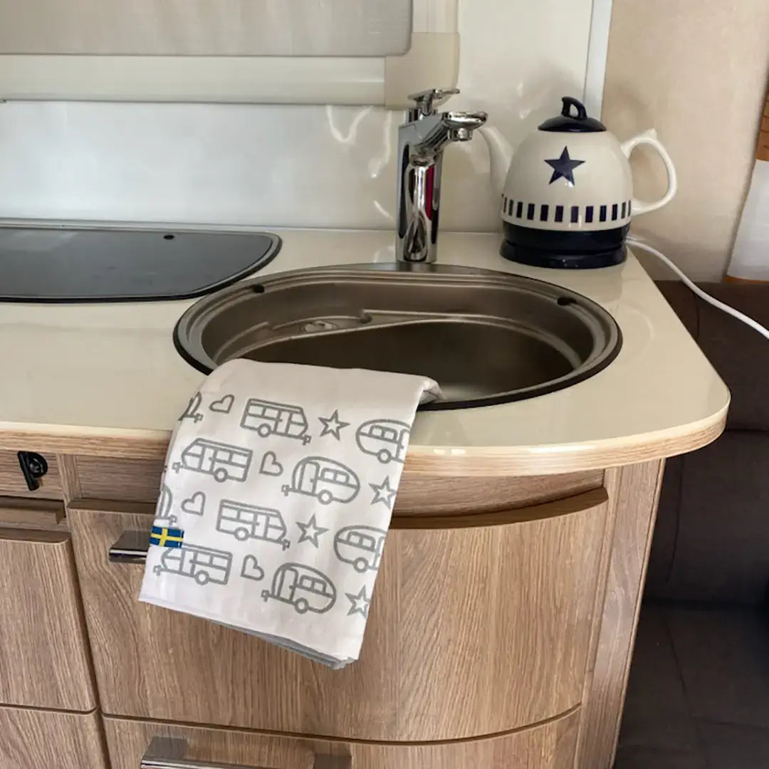 Theedoek - keukenhanddoek camper of caravan print - wit/grijs - set van 2 stuks - Pufz