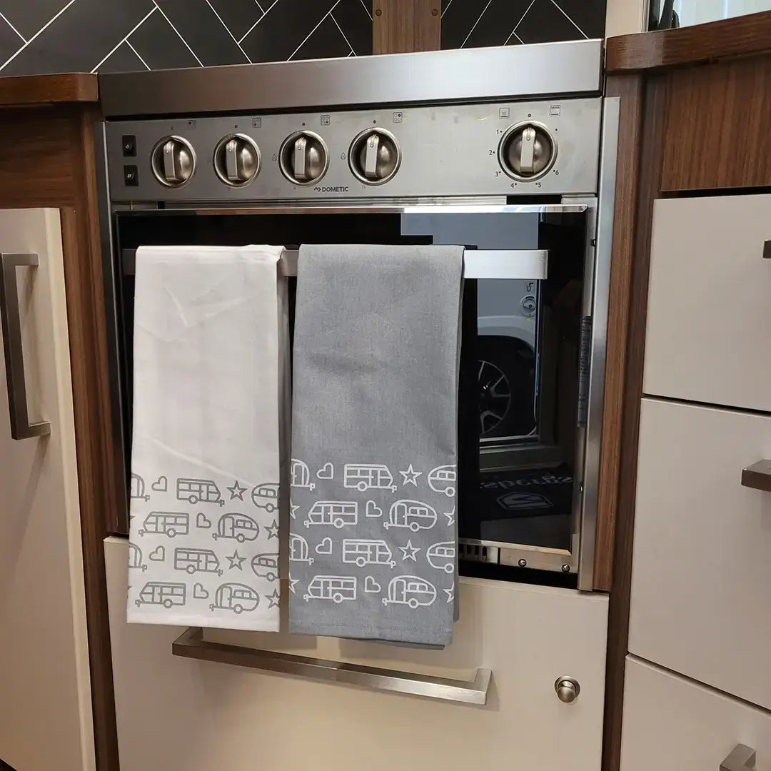 Theedoek - keukenhanddoek camper of caravan print - wit/grijs - set van 2 stuks - Pufz