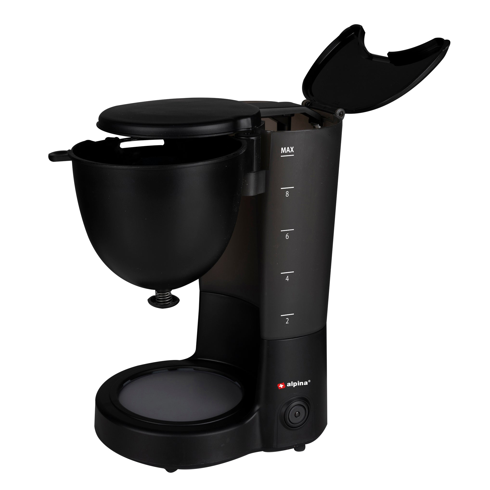 zijaanzicht van zwart koffiezet apparaat van alpina 