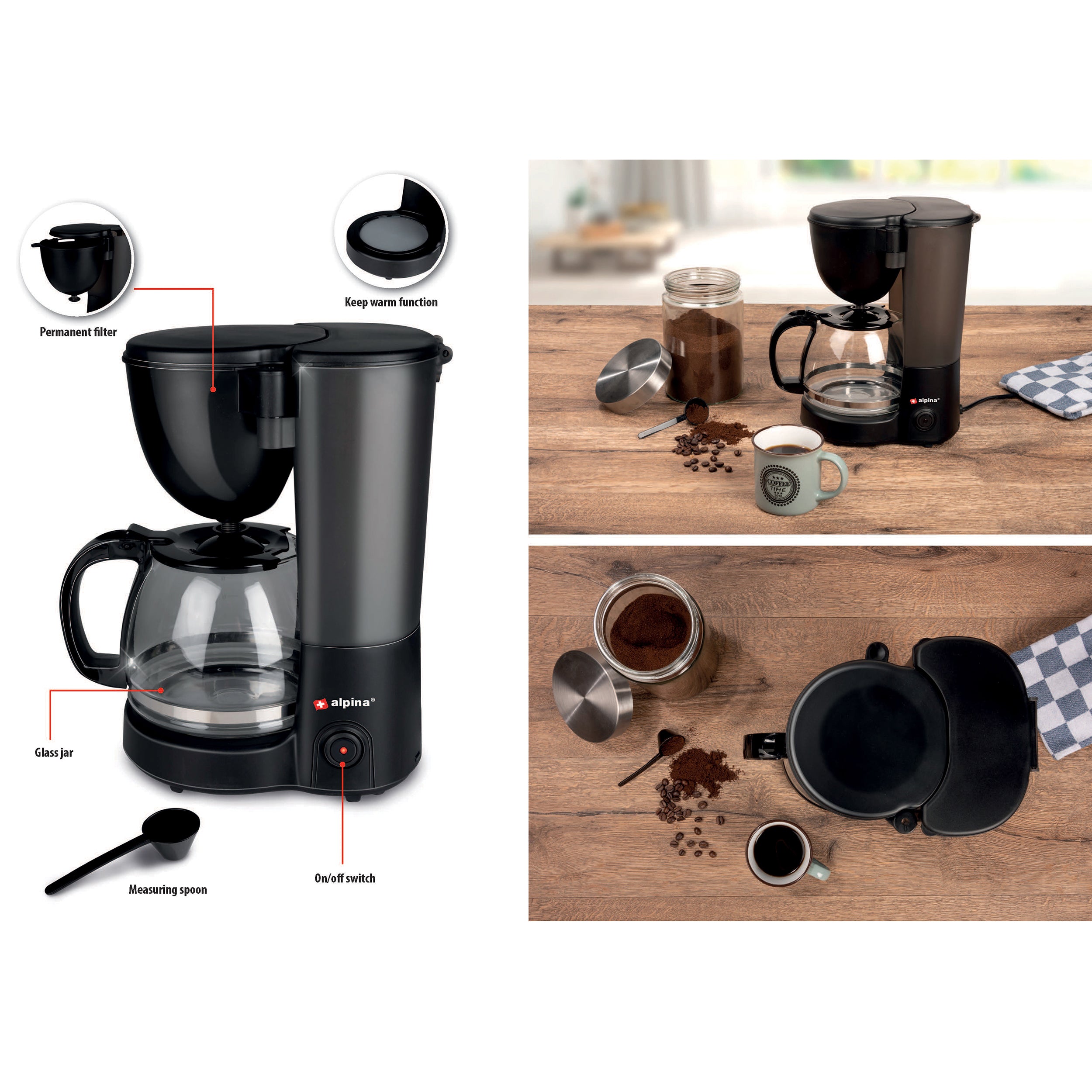 inforamatiefiche met alle onderdelen van zwart koffiezet apparaat 