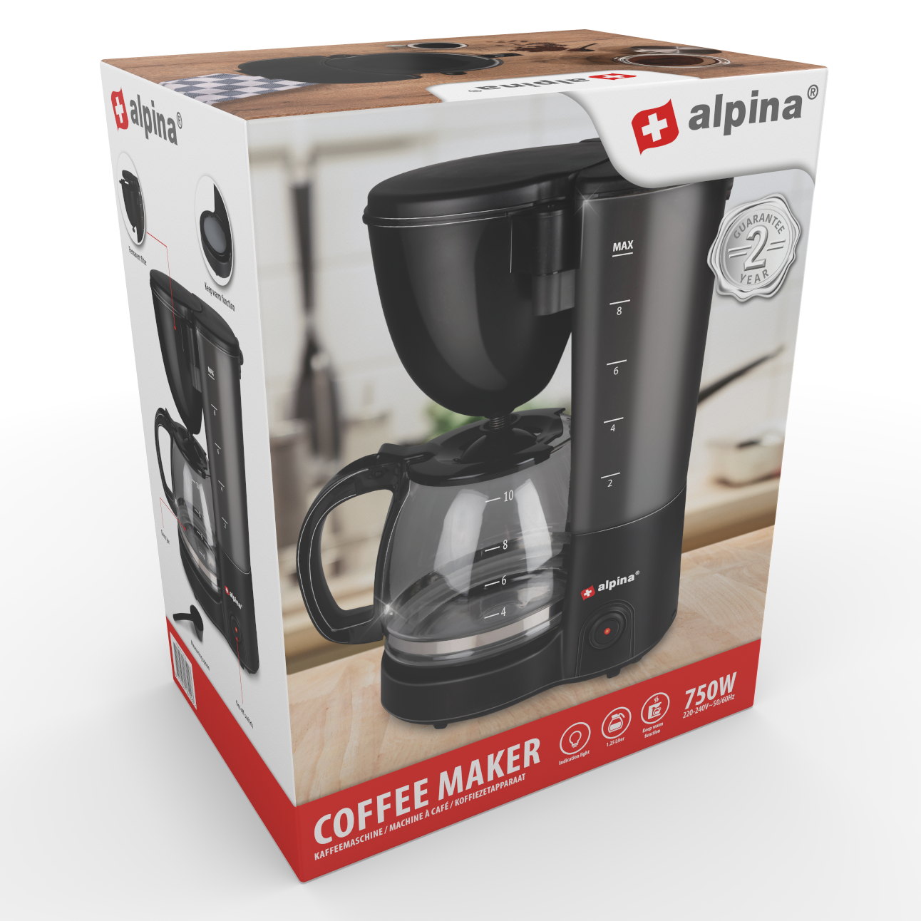 zwart koffiezet apparaat in de doos verpakt van alpina 