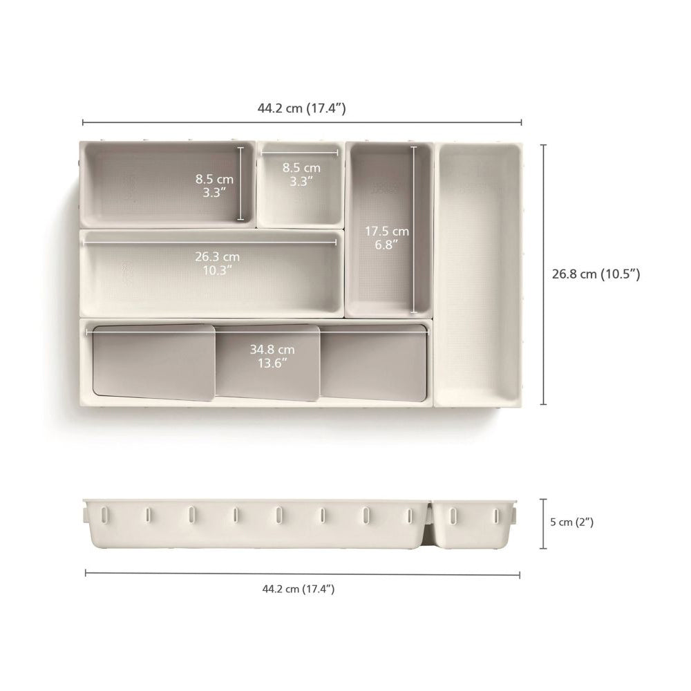 Lade organizer voor make-up Viva van Joseph Joseph set van 7 stuks met afmetingen boven en zij aanzicht