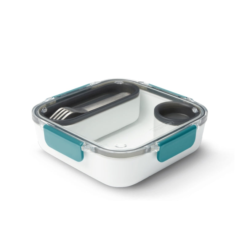 Lunchbox met sauspotje binnenschaal en vork wit met Ocean Blue