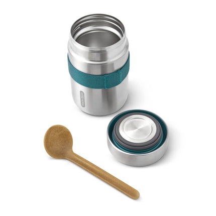 Stainless Steel Food Flask van Black & Blum open met Ocean blue houder en een bruine lepel