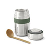 Stainless Steel Food Flask van Black & Blum open met Olive Green houder en een bruine lepel