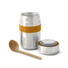 Stainless Steel Food Flask van Black & Blum open met Oranje houder en een bruine lepel