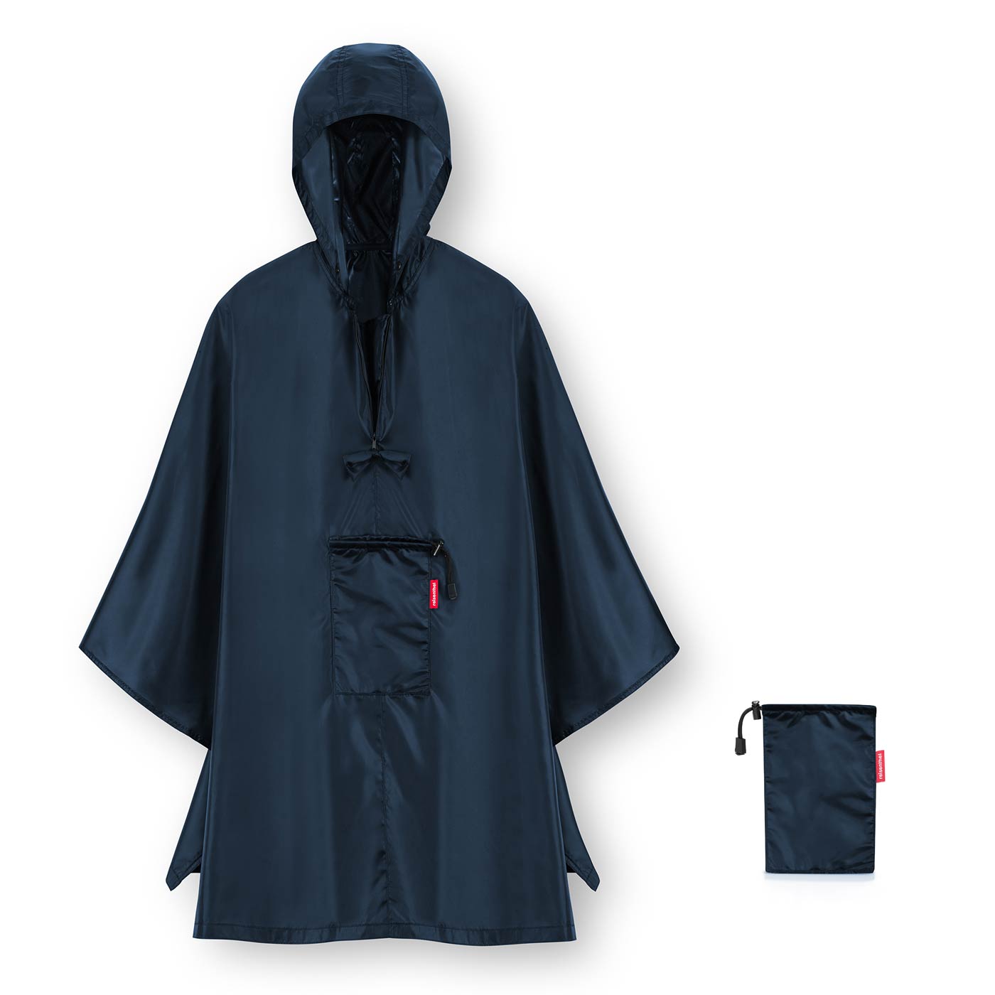 mini maxi poncho dark blue opengevouwen naast opbergzakje 