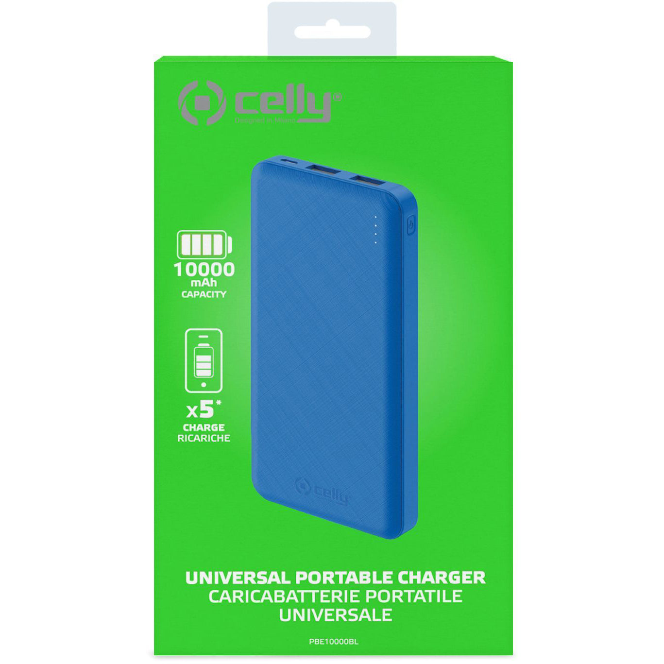 Powerbank van 10000mah blauw van Celly in de verpakking