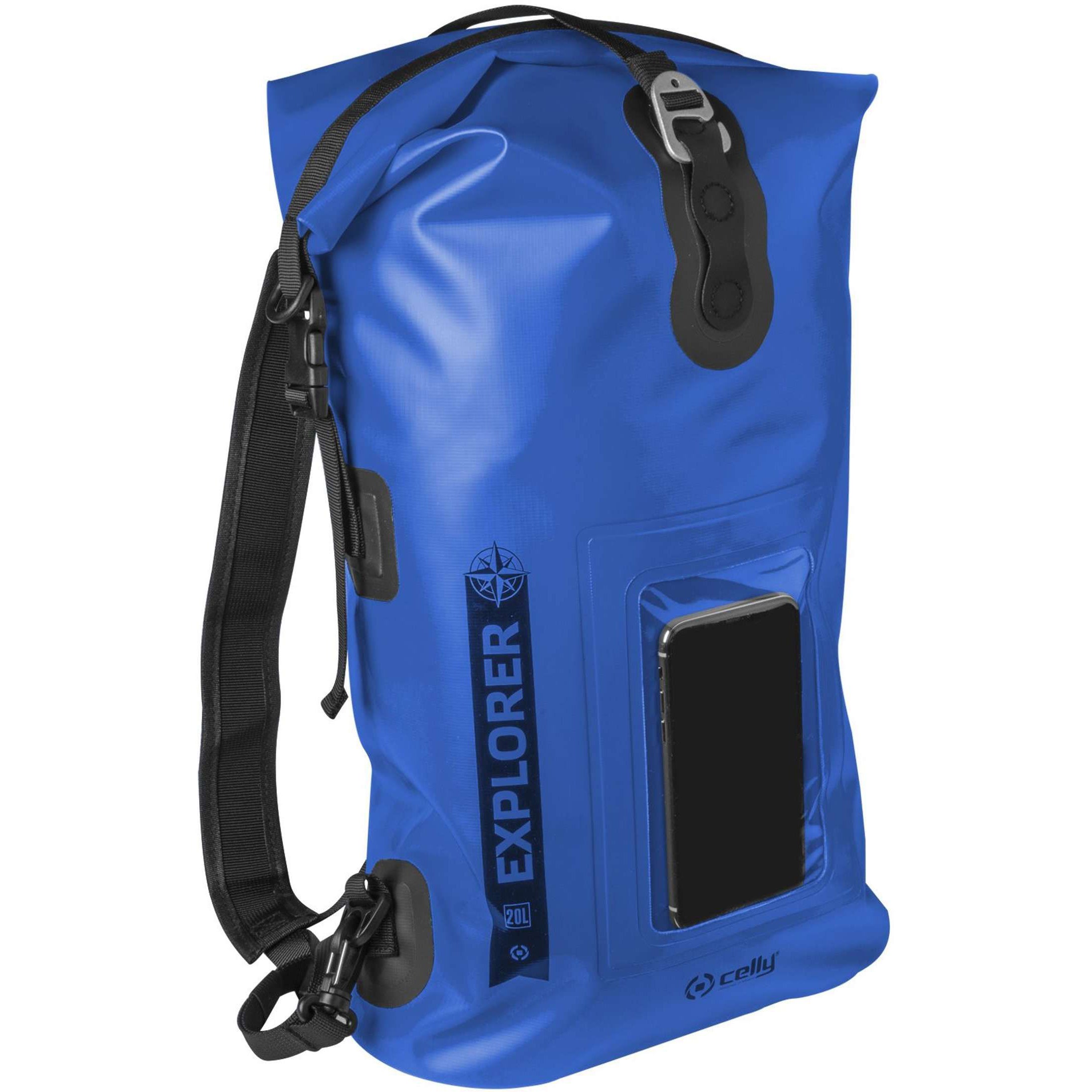 Rugzak Explorer 20 liter van Celly blauw zijaanzicht met smartphone in de houder