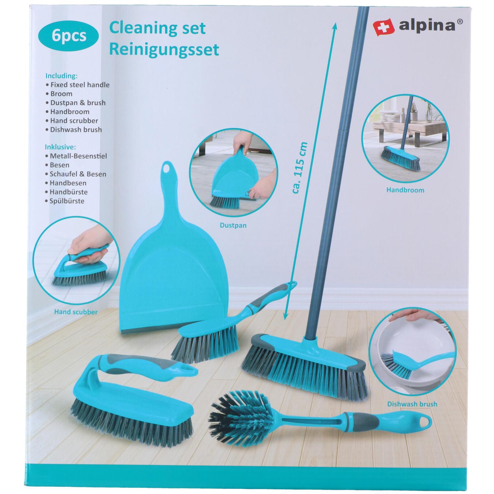 5-delige schoonmaak set kleur blauw met grijs in de verpakking van alpina 