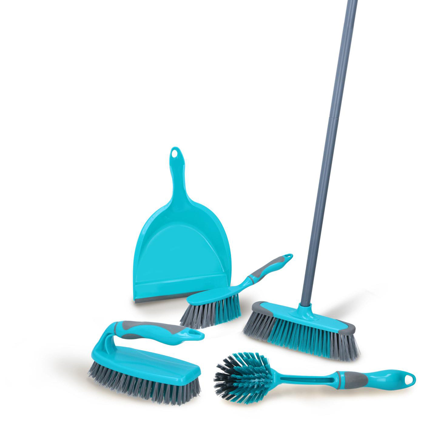 overzicht 5-delige schoonmaak set blauw met grijs 