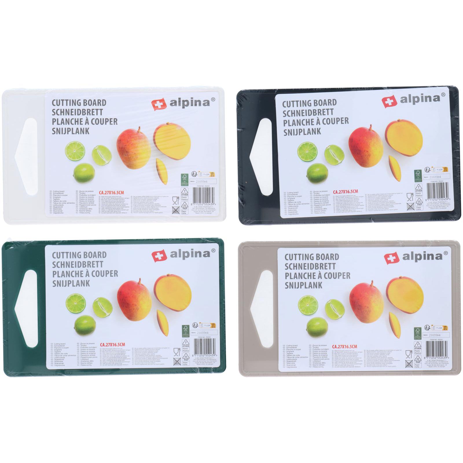 overzicht 4 stuks snijplanken in kleur wit , zwart, grijs en groen in de verpakking van alpina 