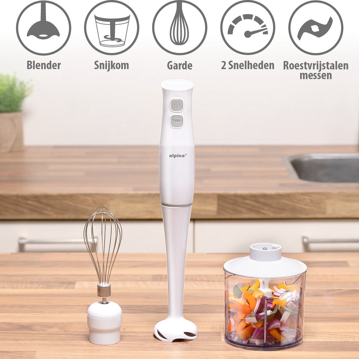 400W Hand Blender Set with Blender, Chopper, and Whisk - Alpina