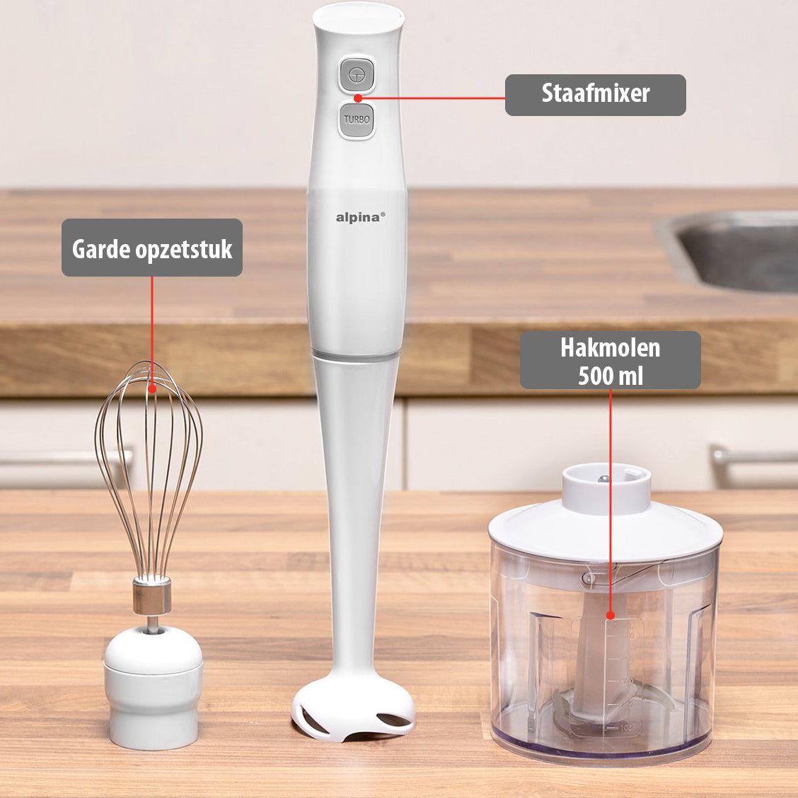 400W Hand Blender Set with Blender, Chopper, and Whisk - Alpina