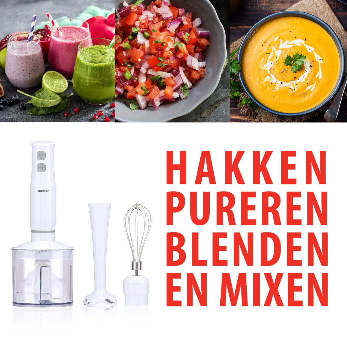 400W Hand Blender Set with Blender, Chopper, and Whisk - Alpina