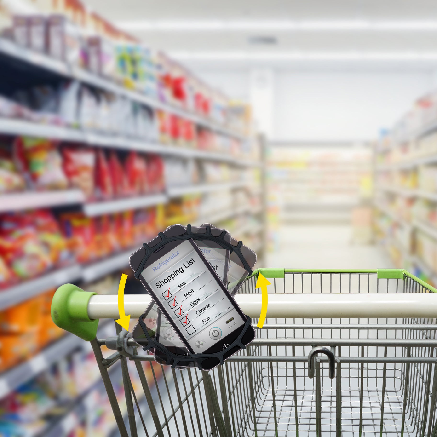 Zwarte telefoonhouder op winkelkar geklemd met de rotatie aangegeven in de supermarkt