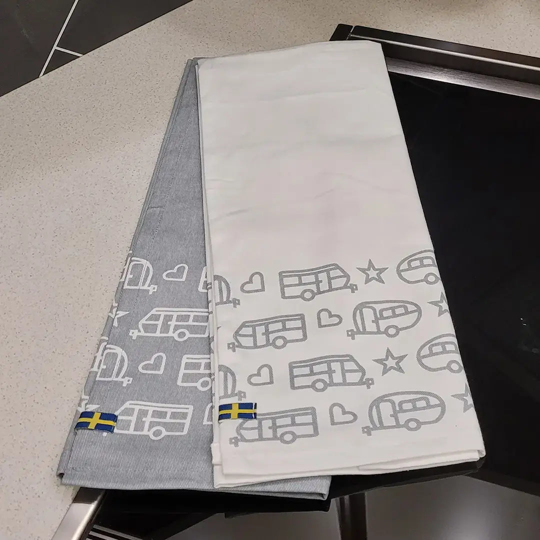 Tea towel - kitchen towel camper or caravan print - white/gray - set of 2 pieces - Pufz