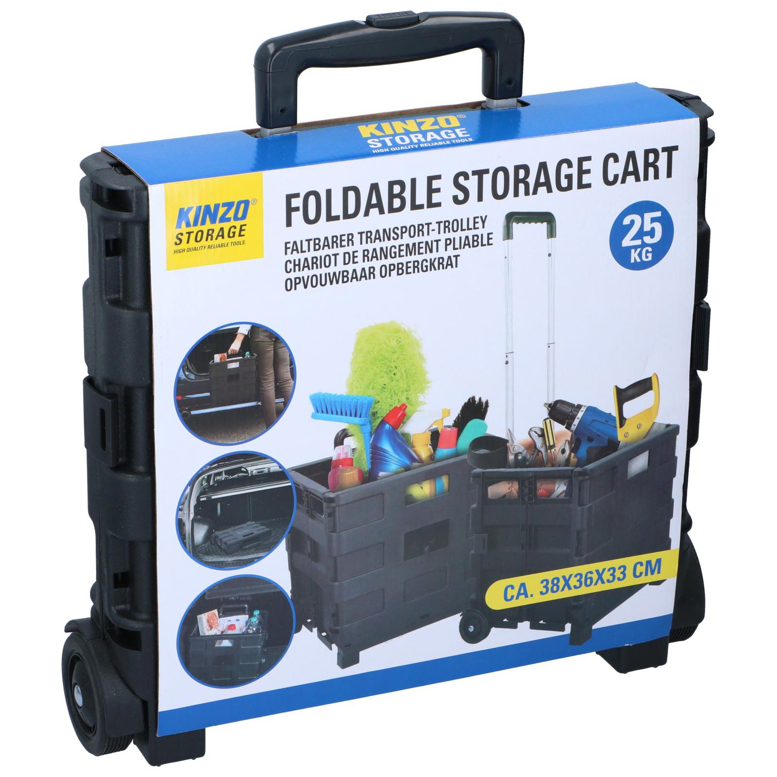 zwarte opvouwbare trolley in de verpakking van kinzo storage 