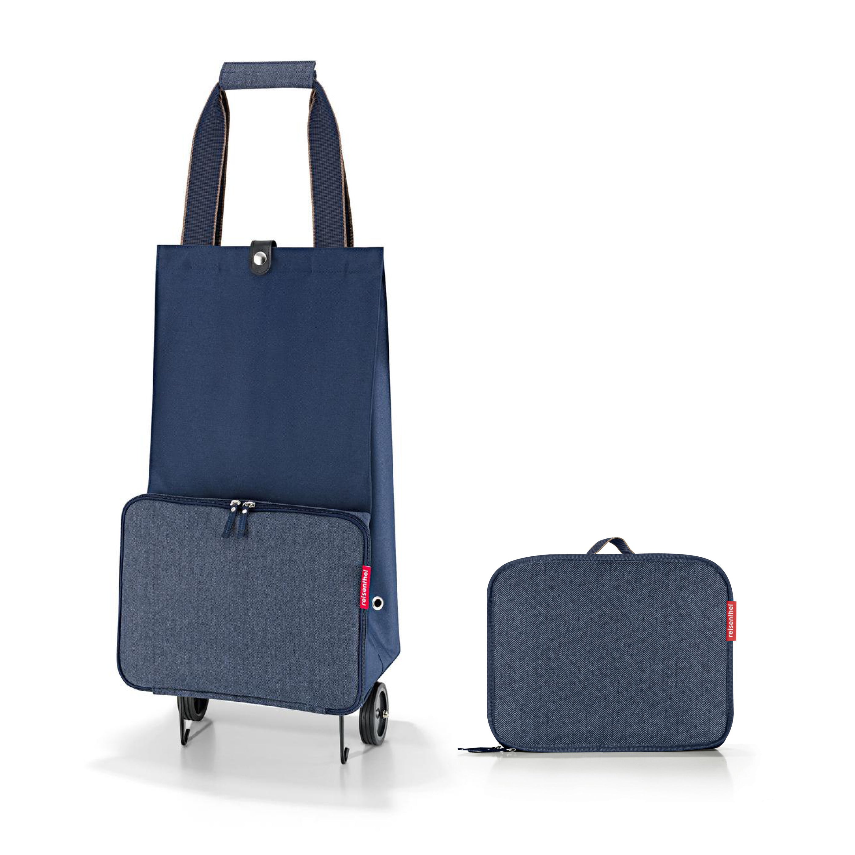 opvouwbare trolley van 30 liter in herringbone dark blue opengevouwen en dichtgevouwen 