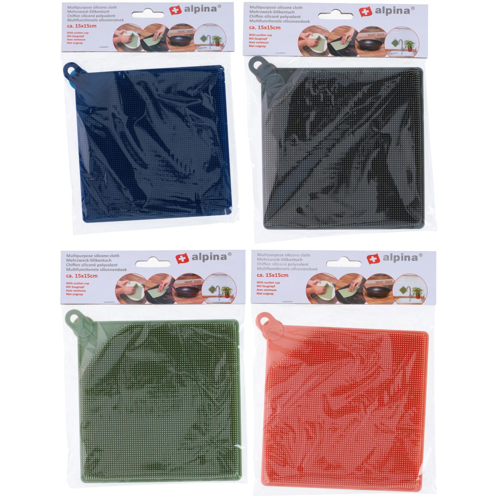 overzicht 4 stuks vaatdoeken met zuignap in de verpakking met verschillende kleuren 