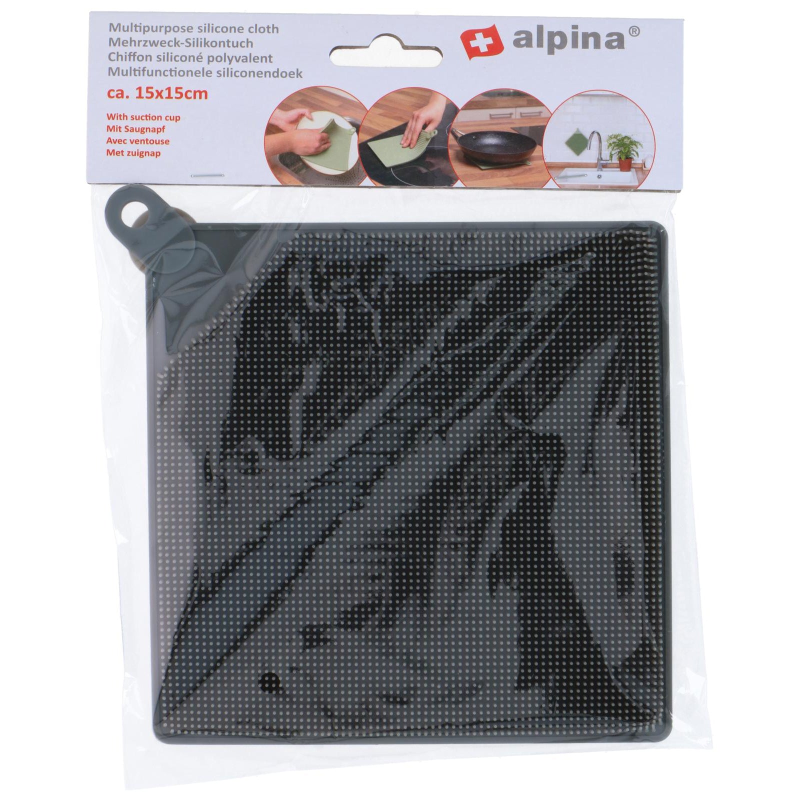 vaatdoek uit silicone met zuignap zwart in de verpakking van alpina