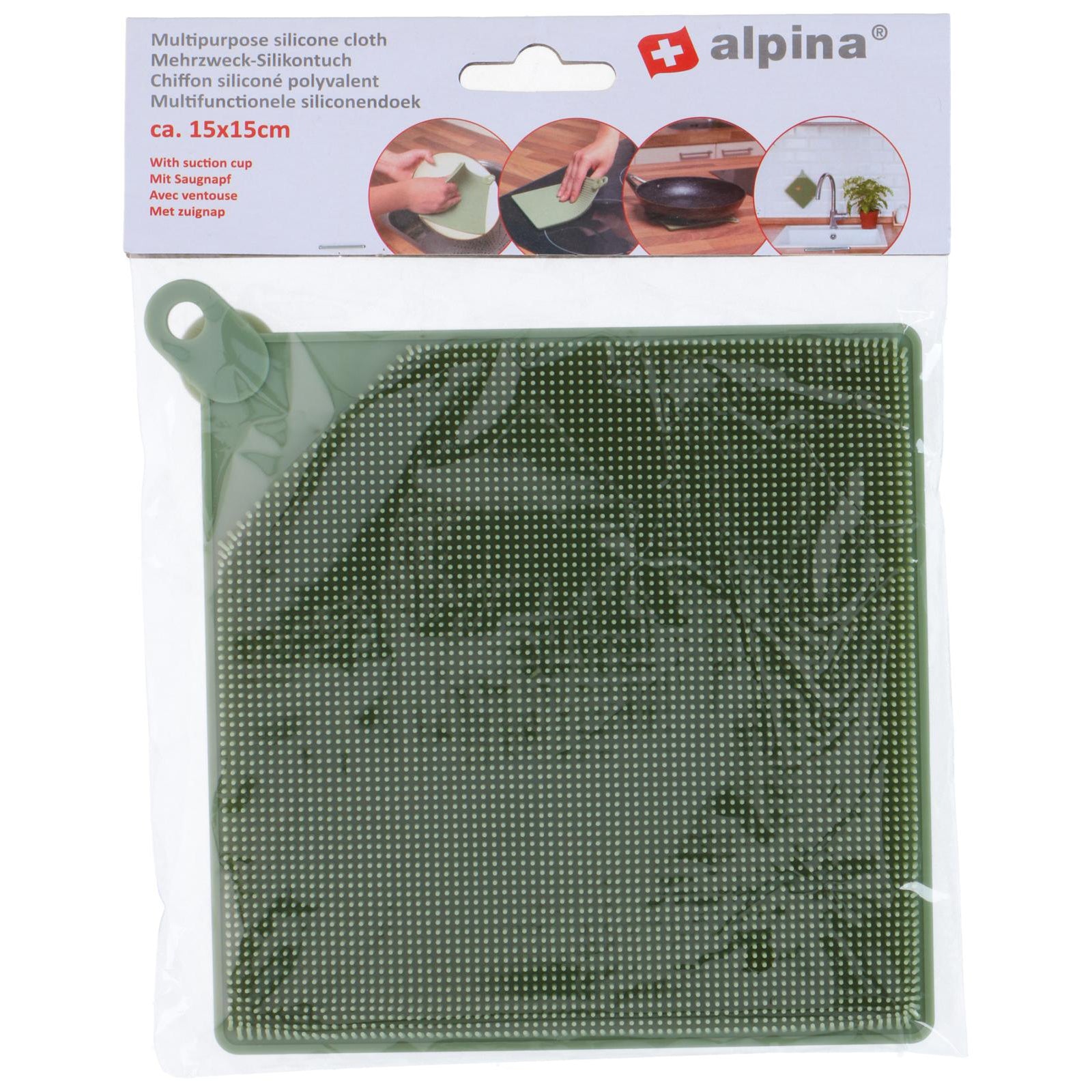 vaatdoek uit silicone met zuignap donkergroen in de verpakking van alpina
