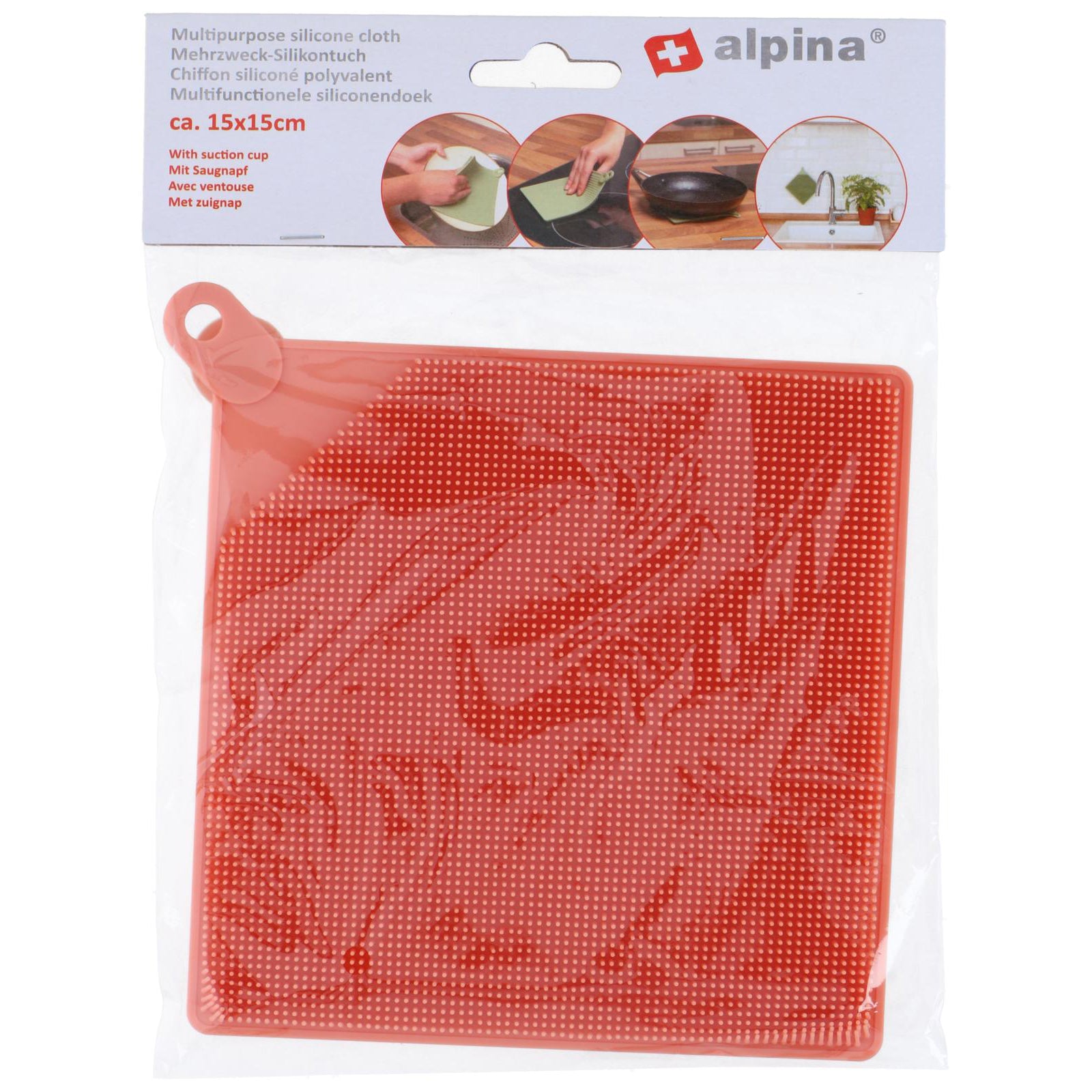 vaatdoek uit silicone met zuignap rood in de verpakking van alpina