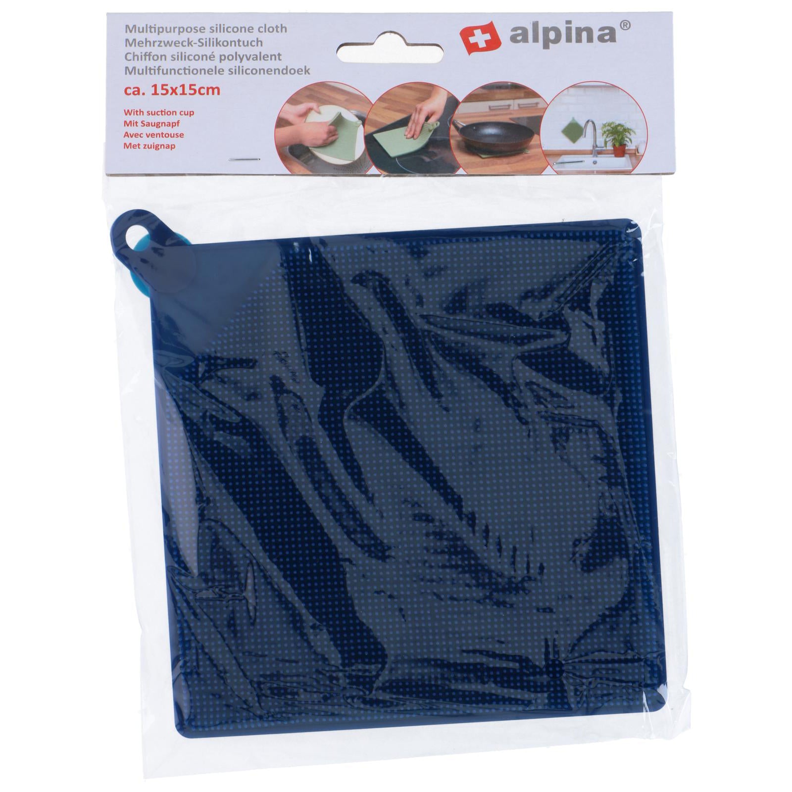 vaatdoek uit silicone met zuignap donkerblauw in de verpakking van alpina 