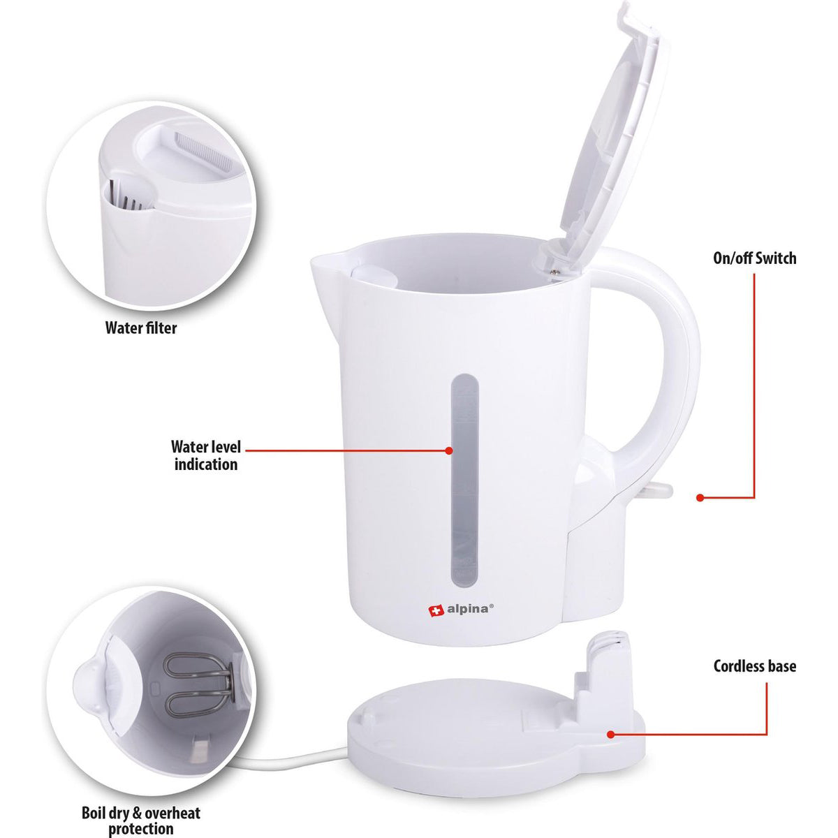 Kettle of 1.7 Liter and 2200W with cordless pouring jug and boil-dry protection - Alpina